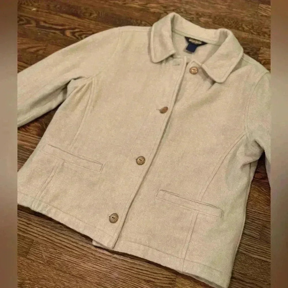 Woolrich 100% Wool Chore Coat Beige Khaki Fall Button Up Collared Size Medium - Picture 2 of 6